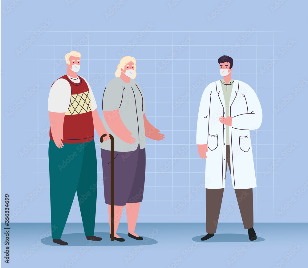 old woman man and male doctor with masks design of medical care and covid 19 virus theme Vector illustration old woman man and male doctor with masks design of medical care and covid 19 virus theme Vector illustration