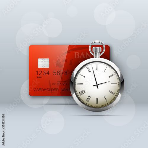 Credit card & silver pocket watch on chain banner. Banking old breguet clock icon. Finans timepiece icon. Plastic card software chronometer badge. Debit chip card with stopwatch Electronic money timer