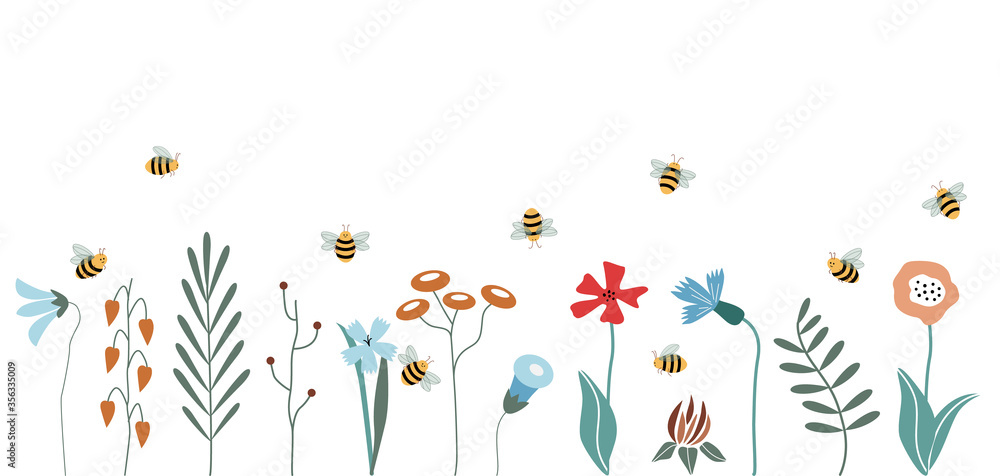 Horizontal seamless pattern with bees and flowers in cute cartoon style.  Hand drawn vector illustration. Useful for package design of organic product, flyers, backgrounds, banners, wrapping paper