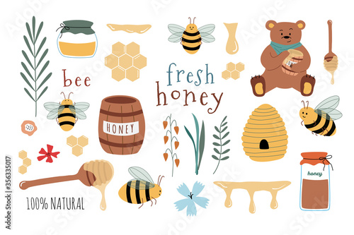 Set of cartoon icons: bees, fresh honey, jars, honey spoon, flowers, bear, honeycomb. Useful for design of organic product, flyers, backgrounds. Hand drawn vector illustration. Isolated on background