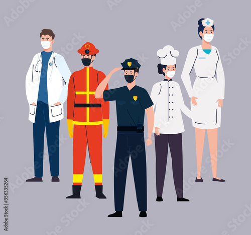 firefighter with workers group in covid 19, workers wearing medical mask against coronavirus vector illustration design