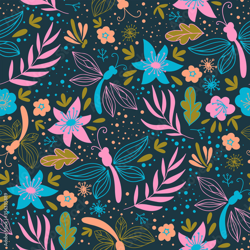 FLORAL FOLK Season Nature Spring Holiday Cartoon Seamless Pattern Vector Illustration for Textile Print Fabric and Digital Paper