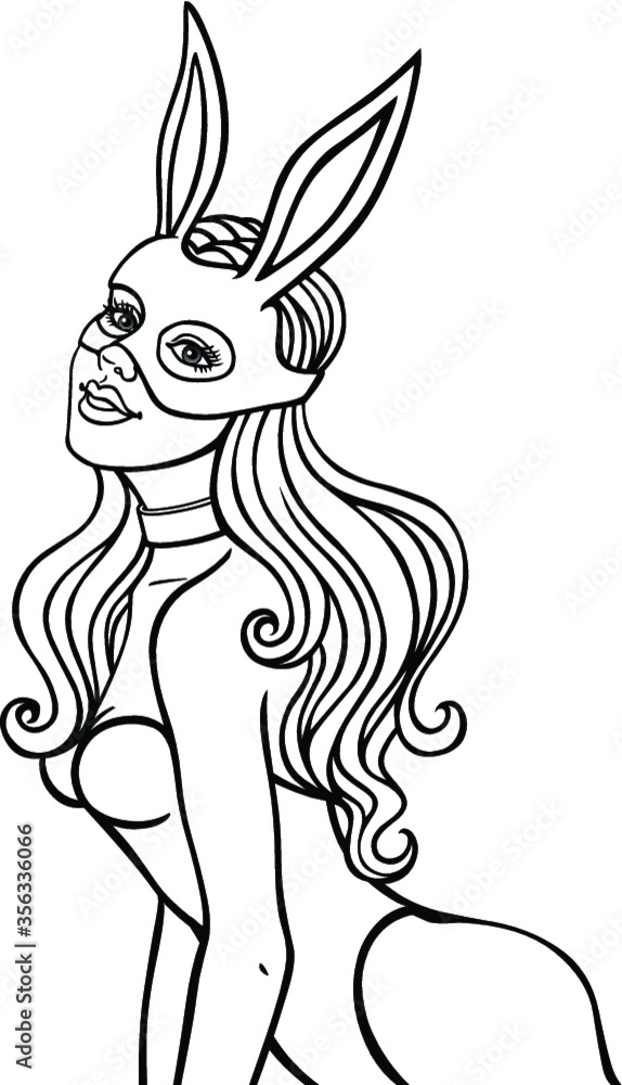 Obraz premium Animation portrait of the beautiful girl in a mask of a rabbit. Monochrome drawing. Template for erotic content. Vector illustration isolated on a white background. Be used for coloring book.