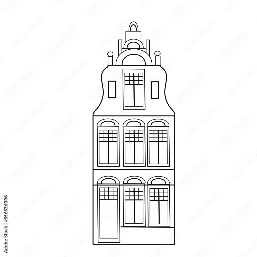 Old European house.Scandinavian city.Dutch house.Stylized facade of old buildings.Vector template.Sketch for anti-stress adult coloring book in zen-tangle style.Vector illustration for coloring page 