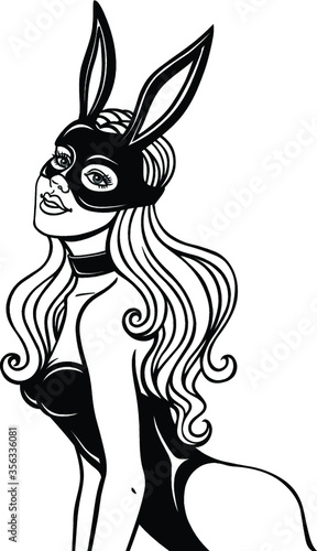 Animation portrait of the beautiful girl in a mask of a rabbit. Monochrome drawing. Template for erotic content. Vector illustration isolated on a white background. Be used for coloring book.