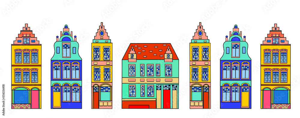 Set of European colorful old houses. Background for the banner. Scandinavian city. Dutch home. Stylized facades of old buildings. Vector template. Vector city architecture. 
