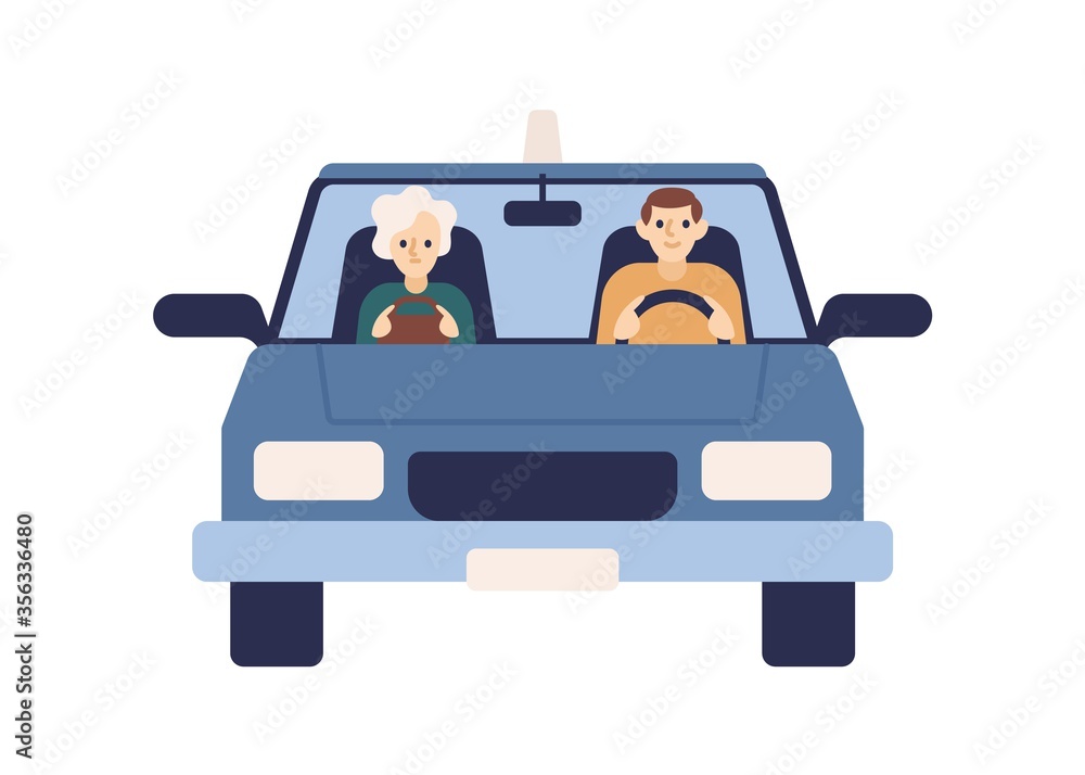 Male driver and female passenger ride at car together vector flat illustration. Woman use taxi service front view isolated on white background. People sitting at automobile cabin during motion Male driver and female passenger ride at car together vector flat illustration. Woman use taxi service front view isolated on white background. People sitting at automobile cabin during motion