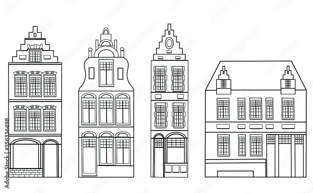 Set of European houses in the sketch style.Postcard background in black, white.Scandinavian city. Sketch for anti-stress adult coloring book in zen-tangle style. Vector illustration for coloring page 
