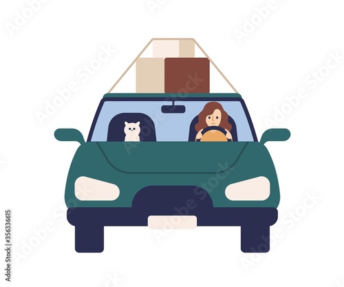 Cute woman driver ride at automobile with cat vector flat illustration. Female driver and pet carrying box on roof of car front view isolated on white. Smiling girl carry things on vehicle