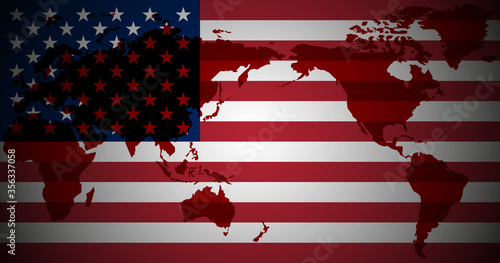 Color US flag printed with a map of the world on top of the red