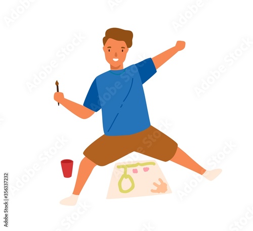 Funny cute boy drawing picture on paper use brush and paint vector flat illus...