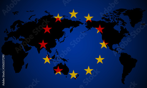 Color flag printed with a map of the world on top of the red