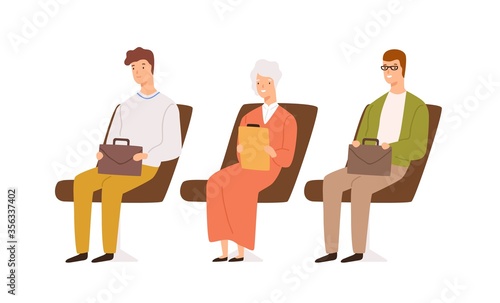 Queue of man and woman candidates with resume vector flat illustration. Smiling applicants with briefcase and document case sit on armchair isolated on white. People at line waiting job interview