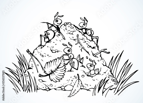 Ants in the anthill. Vector drawing