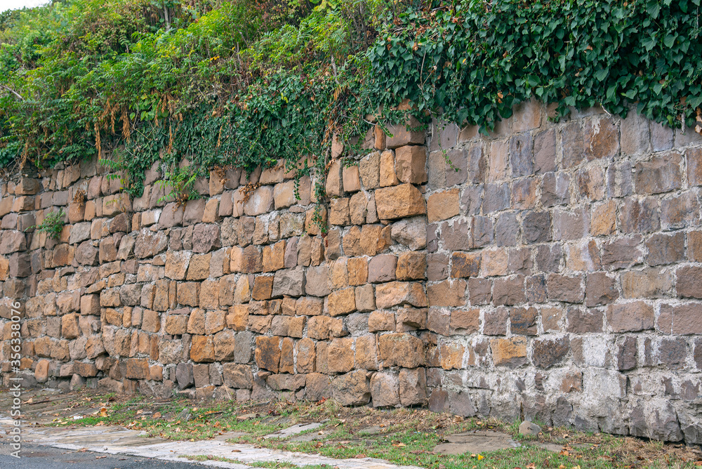 An old wall made of regular-shaped stone blocks covered with green vegetation