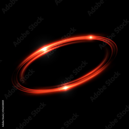 Abstract glowing ring. Red neon circle. A bright trace from the blazing rays of swirling in a fast motion. Slow shutter speed effect. Transparent light vector illustration