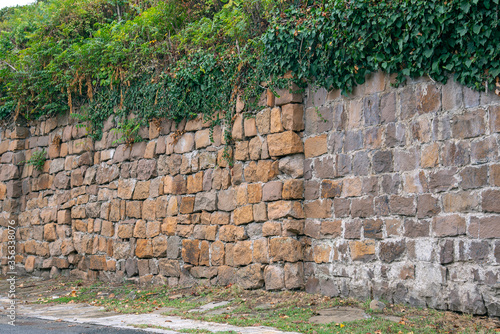 An old wall made of regular-shaped stone blocks covered with green vegetation