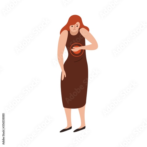 Unhappy woman feeling pain in chest vector flat illustration. Unwell female with painful face expression having disease of lungs or heart isolated on white. Sad lady gesturing sickness