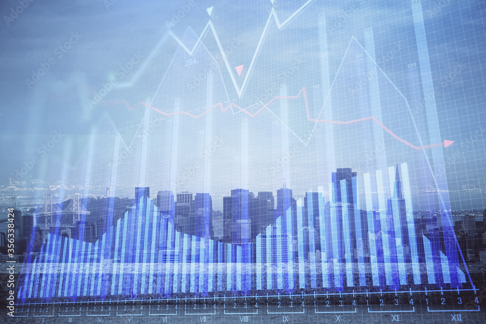 Forex graph on city view with skyscrapers background multi exposure. Financial analysis concept. Forex graph on city view with skyscrapers background multi exposure. Financial analysis concept.