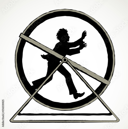 Man running in circle wheel. Vector drawing