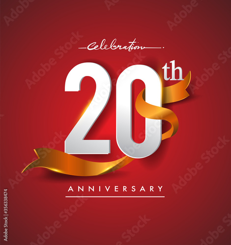 20th anniversary logotype with golden ribbon isolated on red elegance background, vector design for birthday celebration, greeting card and invitation card.