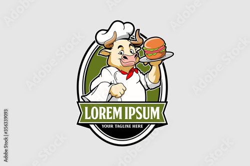 Cute chef bull animal cartoon character with Burger food vector logo