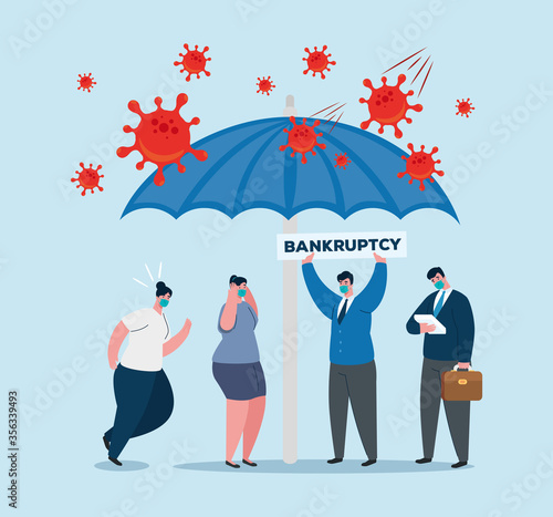 businesspeople with masks and umbrella design of bankruptcy and covid 19 virus theme Vector illustration