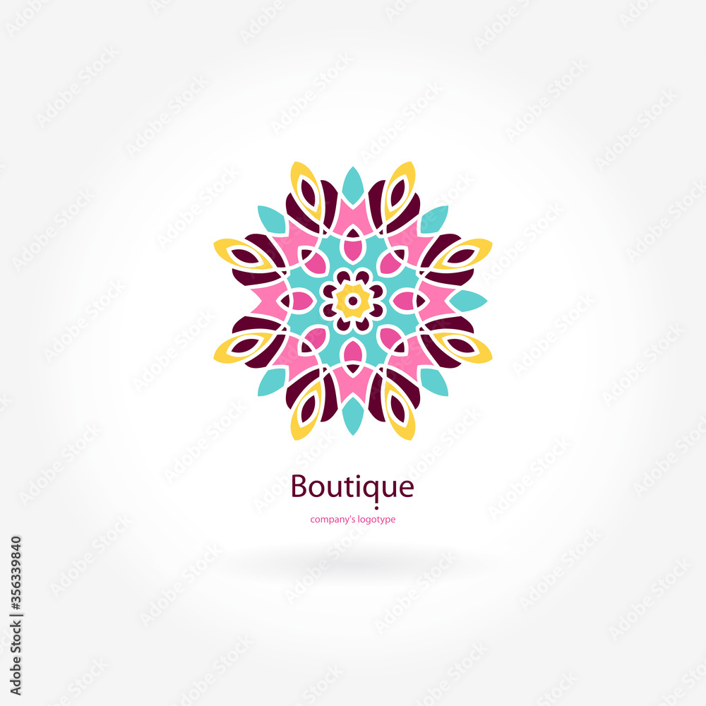 Bright, juicy beautiful circular logo for boutique, flower shop, business, interior. Company mark, emblem, element. Simple geometric mandala logotype. Kaleidoscope big bud. Surround abstract blossom. Bright, juicy beautiful circular logo for boutique, flower shop, business, interior. Company mark, emblem, element. Simple geometric mandala logotype. Kaleidoscope big bud. Surround abstract blossom.