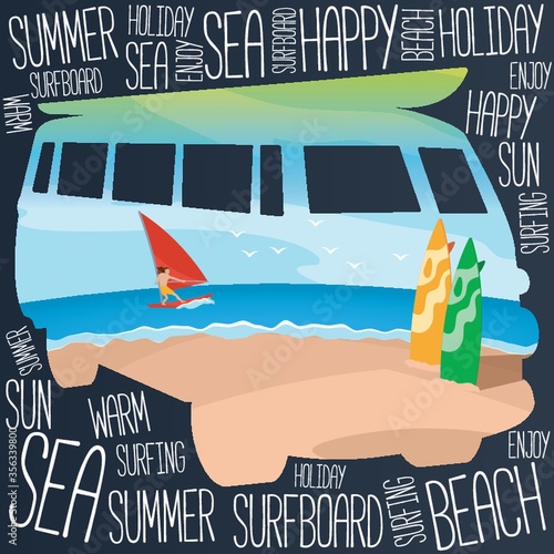 double exposure of van and beach