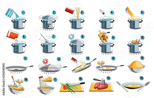 Cooking instruction. Cook icon guide for food menu design with kithcen symbol. Preparation instruction for boil and fry mix food from noodle and pasta to meat and vegetables. Cooking prepare step set.