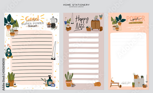 Stylish Scandinavian bedroom interior - bed, sofa, wardrobe, mirror, night stand, plant, lamp, home decorations. Cozy modern comfy apartment furnished in Hygge style. Vector illustration. Isolated