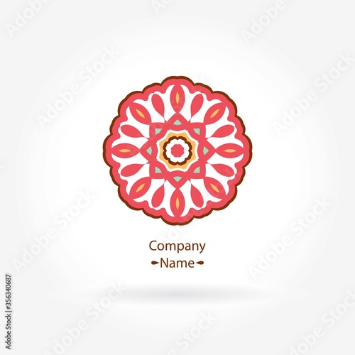 Bright, juicy beautiful circular logo for boutique, flower shop, business, interior. Company mark, emblem, element. Simple geometric mandala logotype. Kaleidoscope big bud. Surround abstract blossom.
