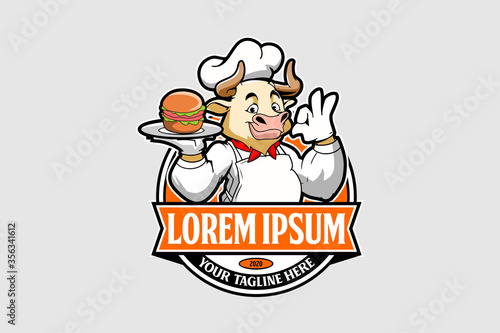 Friendly and cute Chef bull animal cartoon character with Burger food vector logo template