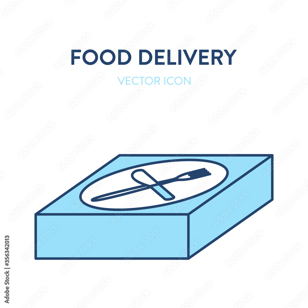 Food delivery icon. Vector concept illustration of a cardboard box with knife and fork symbol. Represents a concept of online food ordering and delivering, takeaway food and paper containers Food delivery icon. Vector concept illustration of a cardboard box with knife and fork symbol. Represents a concept of online food ordering and delivering, takeaway food and paper containers