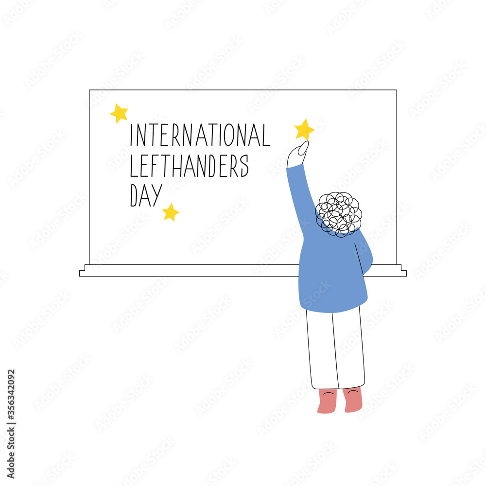 Obraz premium Happy Left-handers Day. August 13, International Lefthanders Day. Support your lefty friend. Left-handed boy writes on chalkboard. Vector illustration, line style