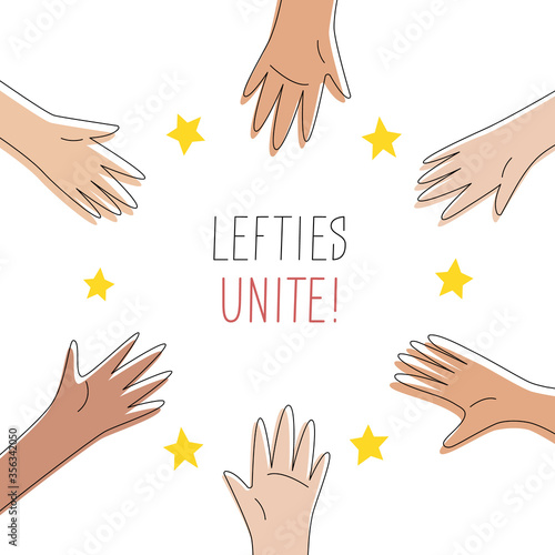 Lefties unite concept banner. August 13, International Left-handers Day celebration. Left hands organised in a circle, help and support each other. Event card, cute line style. Vector illustration