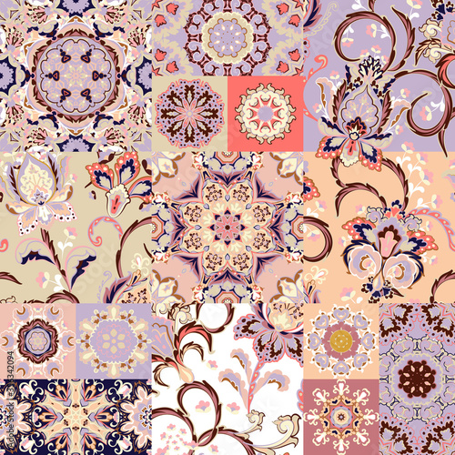 Seamless vector patchwork tile with paisley and mandala in pastel colors. Background set with lilac ornament in arabic style.