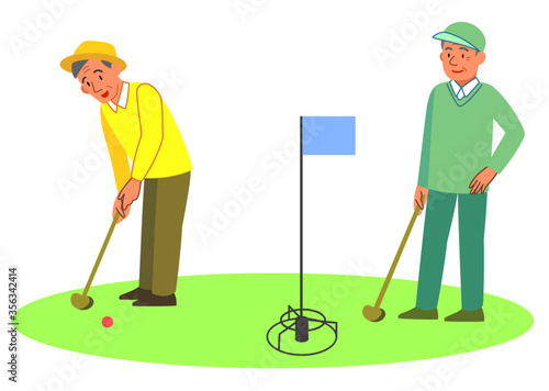 グラウンドゴルフをする二人の男性