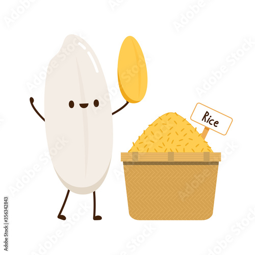 Rice character design. rice vector on white background. rice seed. Rice bucket.