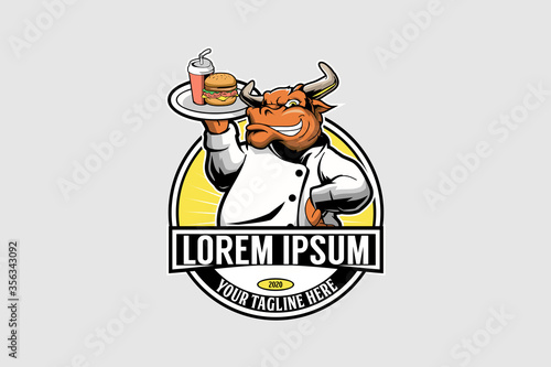 Strong and friendly Chef bull animal cartoon character with Burger vector logo template