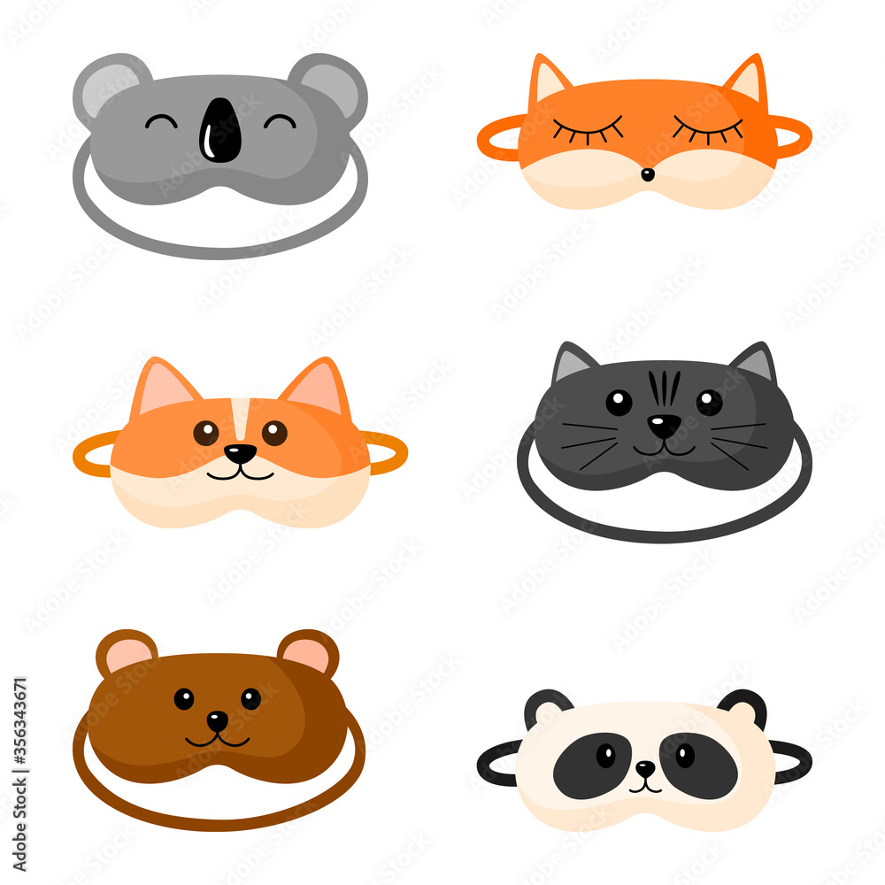 Kit children s sleep mask with different design on white background. Set face mask for sleeping human with corgi, cat, panda, fox,bear, koala in flat style vector illustration. Kit children s sleep mask with different design on white background. Set face mask for sleeping human with corgi, cat, panda, fox,bear, koala in flat style vector illustration.