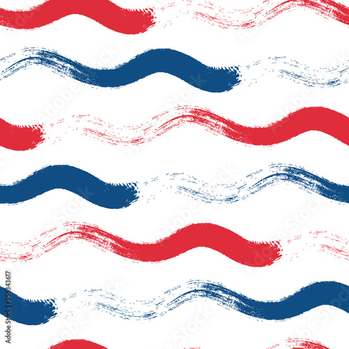 Wavy line seamless vector pattern background. Hand drawn coarse brush stroke horizontal ocean wave red blue white backdrop. Marine geometric stripe all over print. For nautical, water, sea concept.