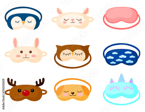 Kit children s sleep mask with different design on white background. Set face mask for sleeping human with dog, deer, owl, sheep, rabbit, penguin, unicon and cloud in flat style vector illustration.
