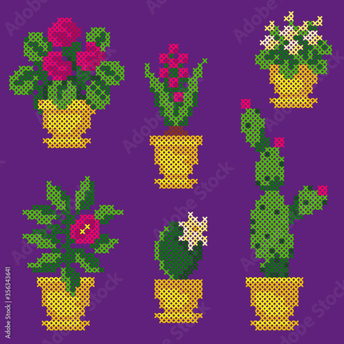 cross stitch flowers in pots