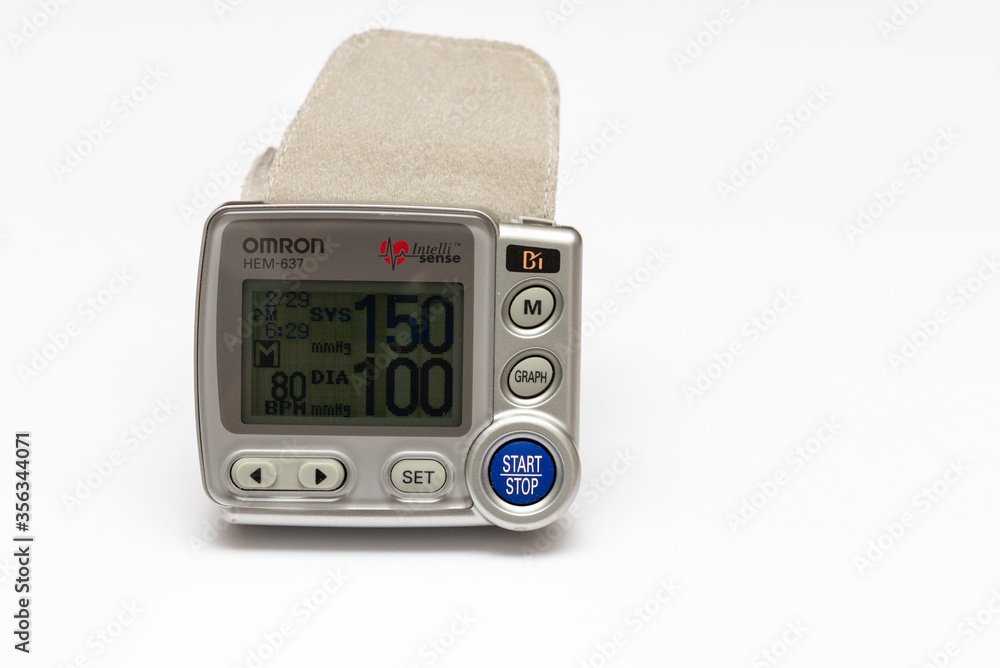 Telsiai,Lithuania 06-09-2020.device for measuring blood pressure on a white background Telsiai,Lithuania 06-09-2020.device for measuring blood pressure on a white background