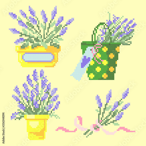 set of cross stitch lavender