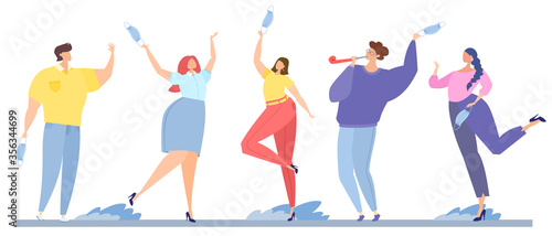 Happy people take off their masks. The end of the epidemic. Victory over the coronavirus. Man and women jump and rejoice. Flat vector illustration.