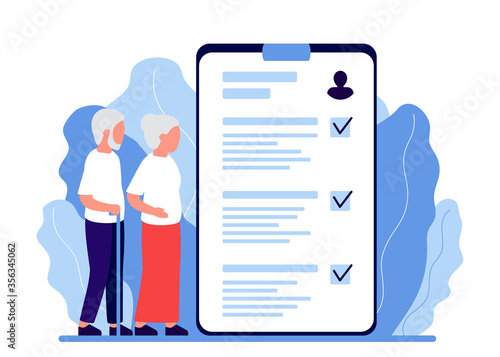 Senior man and woman in consultation with doctor, nurce. Health monitoring in old age. Verification and decoding of analyzes in old age. Gerontology. Vector flat illustration