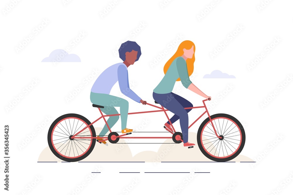 Man and woman riding tandem bicycle. Couple rides a bike. Family teamwork concept. Flat style web illustration isolated o white background. Man and woman riding tandem bicycle. Couple rides a bike. Family teamwork concept. Flat style web illustration isolated o white background.