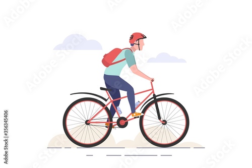 Man riding a sport bike, wearing helmet and backpack. Mountain and road trip concept. Flat style vector illustration isolated on white background.